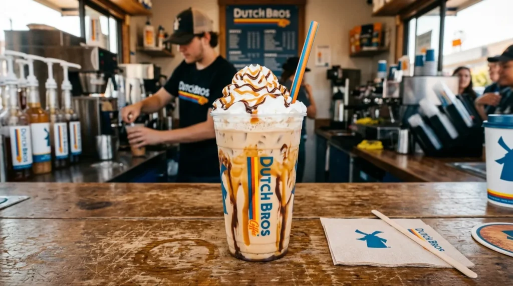 Picture Perfect Dutch Bros Calories 2 A Dutch Bros iced drink with caramel and chocolate drizzle lining the cup and whipped cream on top, placed on a counter with a straw.