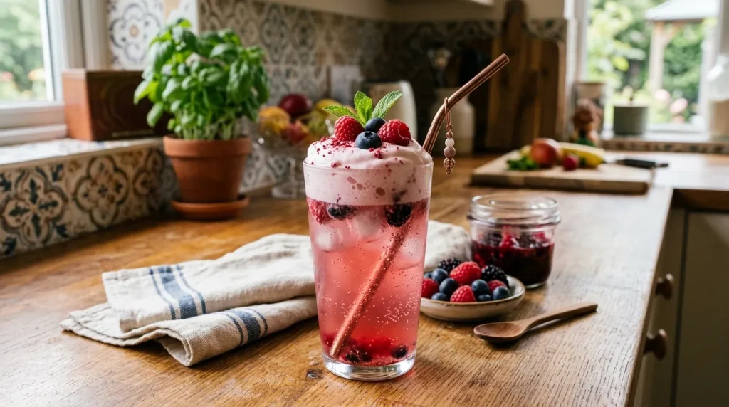 Dutch Luv Rebel Copycat Recipe (Easy At-Home Version) 2 A homemade pink berry energy drink with whipped Soft Top in a clear glass on a kitchen counter.