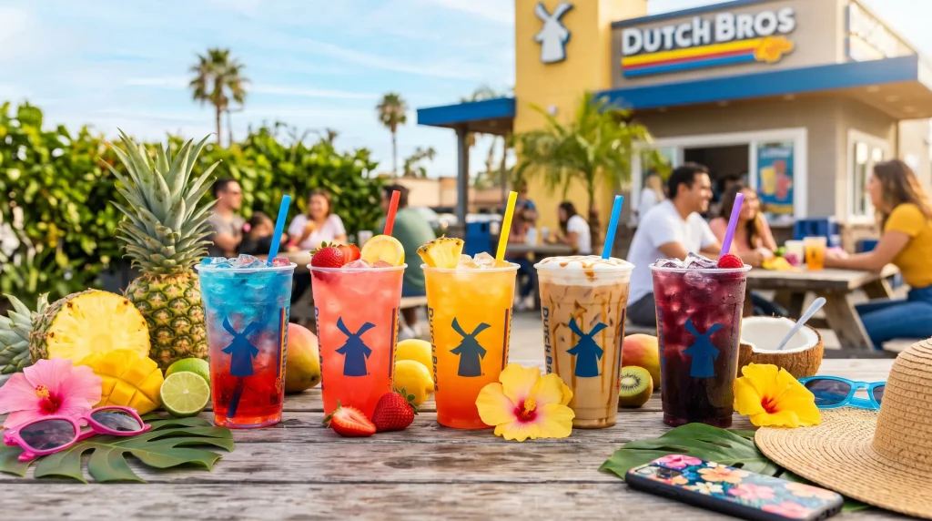 15 Best Dutch Bros Summer Drinks to Try This Year 2 Colorful Dutch Bros summer drinks lined up on a sunny outdoor table with iced Rebels, lemonades, and iced coffees surrounded by tropical fruit and summer vibes.