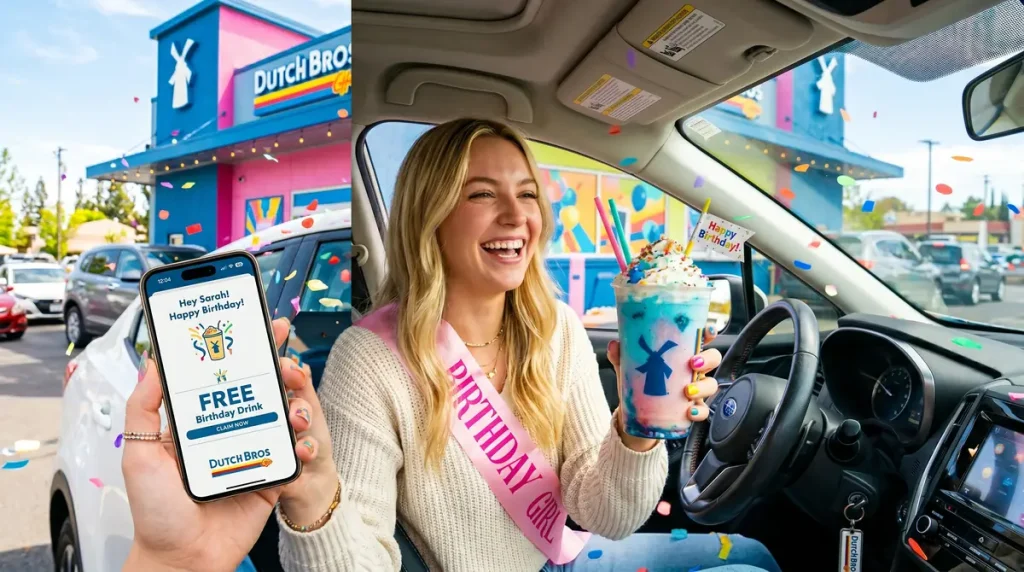 How to Get a Free Dutch Bros Birthday Drink 2 Bright Dutch Bros drive-thru scene with a customer holding a colorful iced birthday drink, confetti details, Dutch Bros app visible on a smartphone, vibrant blue and pink tones, Pinterest-friendly vertical composition.