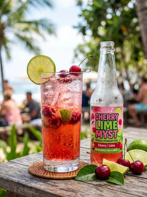 Dutch Bros Summer 2026 Must-Try Drinks (Myst Refreshers + Hidden Gems) 3 Glass of cherry lime sparkling soda with ice, cherries, and a lime slice next to a soda bottle on a wooden table outdoors