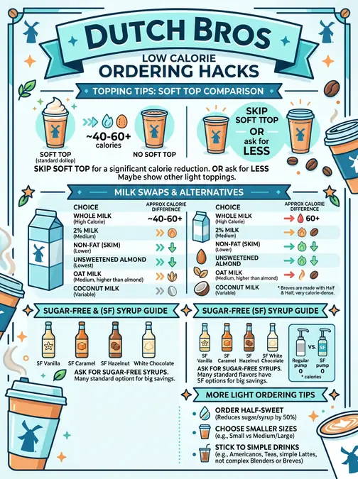 5 Low Sugar Dutch Bros Drinks Under 100 Calories (Best Healthy Orders) 2 Infographic showing low calorie ordering hacks for drinks with milk swaps, sugar-free syrup options, and topping tips