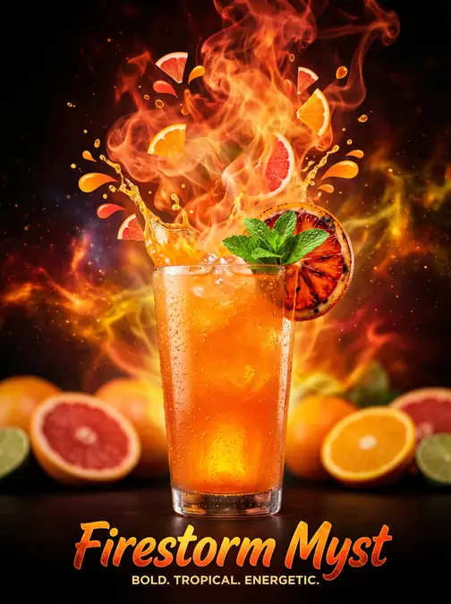 Dutch Bros Summer 2026 Must-Try Drinks (Myst Refreshers + Hidden Gems) 4 Glass of orange tropical fruit drink with ice, garnished with mint and flaming citrus slices