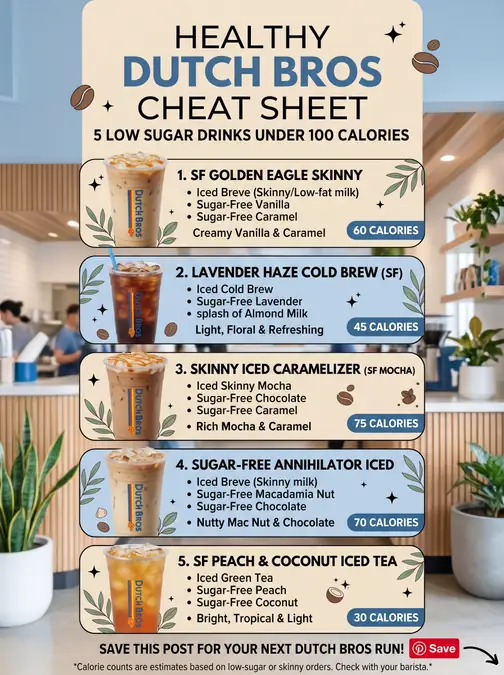 5 Low Sugar Dutch Bros Drinks Under 100 Calories (Best Healthy Orders) 3 Infographic showing five low sugar Dutch Bros drinks under 100 calories with descriptions and calorie counts