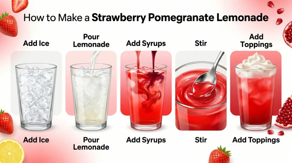 Vampire Slayer Lemonade Copycat Recipe 3 Step-by-step red lemonade recipe infographic with strawberry and pomegranate syrup mixing.