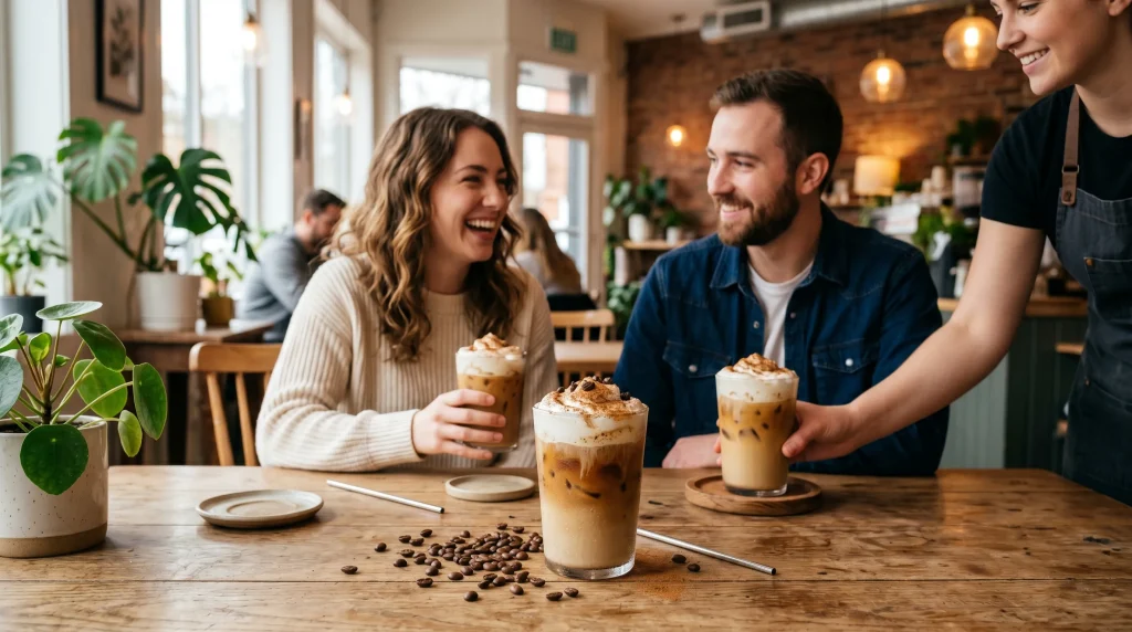 Keto-Friendly Sugar-Free Almond Milk Kicker Recipe 8 Young couple enjoying cinnamon topped keto iced coffee in a cozy coffee shop.