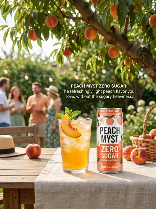 Dutch Bros Summer 2026 Must-Try Drinks (Myst Refreshers + Hidden Gems) 7 Can of peach flavored zero sugar drink with glass of iced peach beverage on wooden table outdoors