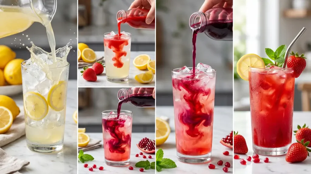 Vampire Slayer Lemonade Copycat Recipe 4 Strawberry and pomegranate lemonade mixing over ice in vibrant drink collage.