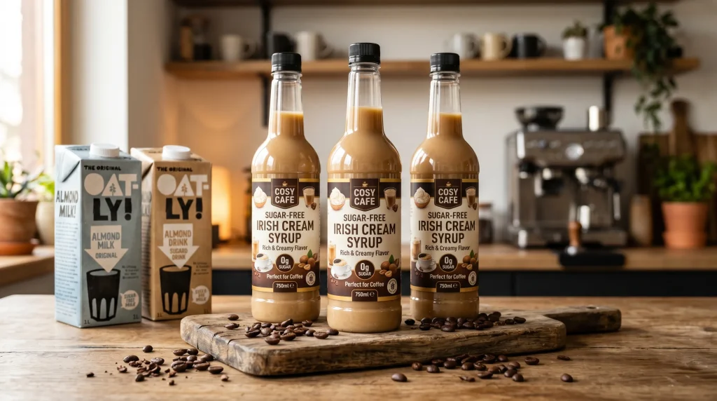 Keto-Friendly Sugar-Free Almond Milk Kicker Recipe 3 Sugar-free Irish cream syrup bottles beside espresso beans and almond milk cartons.