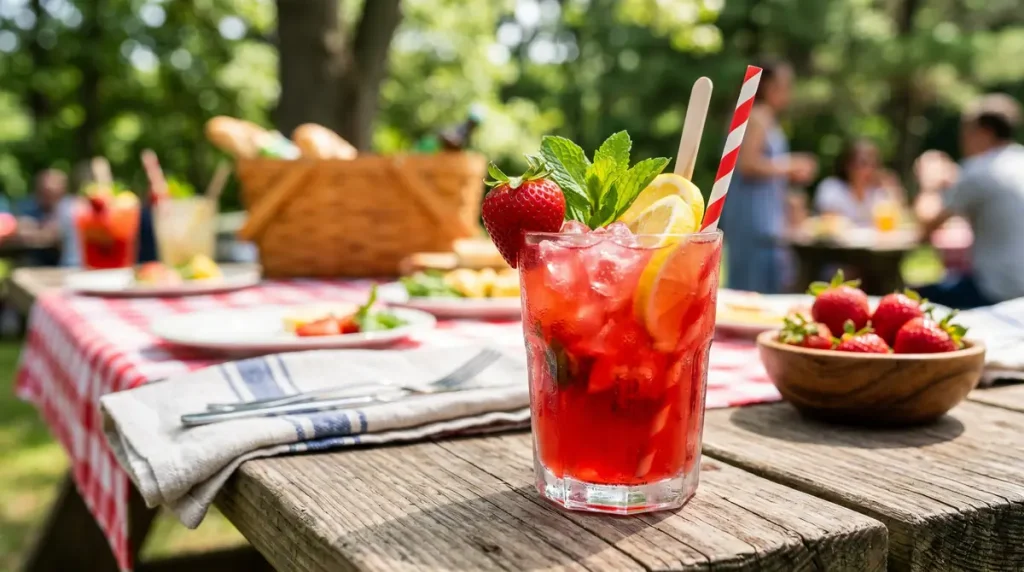 Vampire Slayer Lemonade Copycat Recipe 2 Bright red strawberry pomegranate lemonade in a clear glass filled with ice, topped with lemon slices and strawberries on a summer picnic table with vibrant lighting.