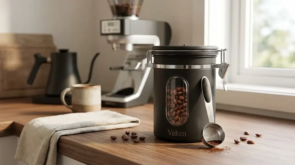 7 Coffee Bar Essentials Worth Buying for the Perfect Home Coffee Setup 8 Black container with coffee beans and scoop on wooden kitchen countertop with coffee maker and cup in background