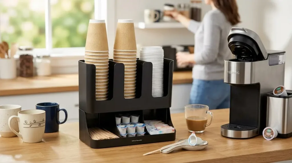7 Coffee Bar Essentials Worth Buying for the Perfect Home Coffee Setup 7 Coffee station with stacked paper cups, coffee pods organizer, mugs, and a coffee maker on a wooden counter