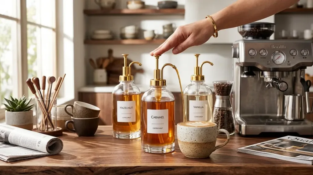 7 Coffee Bar Essentials Worth Buying for the Perfect Home Coffee Setup 5 Hand pressing caramel syrup pump bottle near latte and espresso machine on wooden countertop