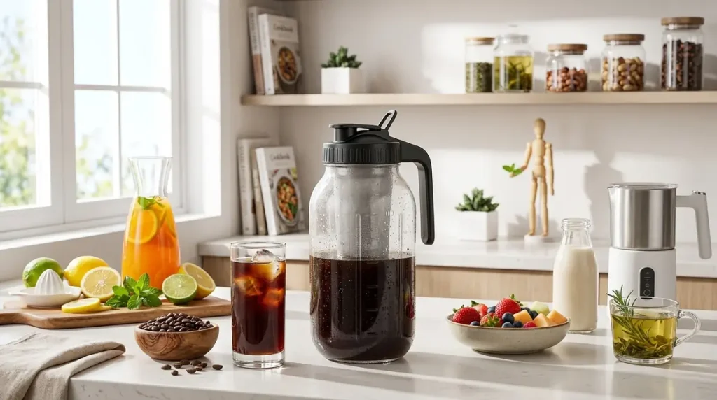 7 Coffee Bar Essentials Worth Buying for the Perfect Home Coffee Setup 2 Cold brew coffee in a container with a glass of iced coffee, fresh fruits, juice, milk, and kitchen tools on a countertop