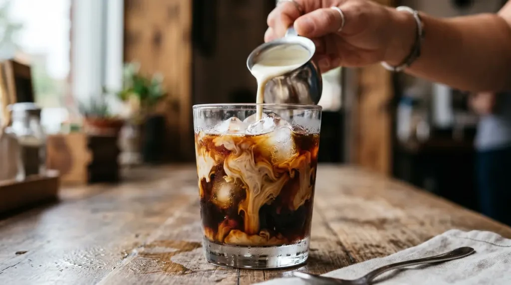 Dutch Bros Kicker Recipe: 7 Hand pouring cream from a small pitcher into a glass of iced coffee on a wooden table