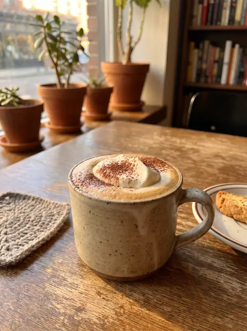 Creamy Tiramisu Latte Recipe (Hot or Iced Coffee Shop Style) 2 Tiramisu latte with whipped cream and cocoa powder in ceramic mug on wooden table