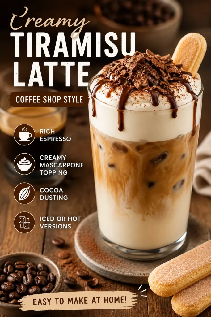 Creamy Tiramisu Latte Recipe (Hot or Iced Coffee Shop Style) 3 Creamy tiramisu latte recipe with espresso, mascarpone foam, cocoa powder, and chocolate drizzle served over ice in a coffee shop style glass.