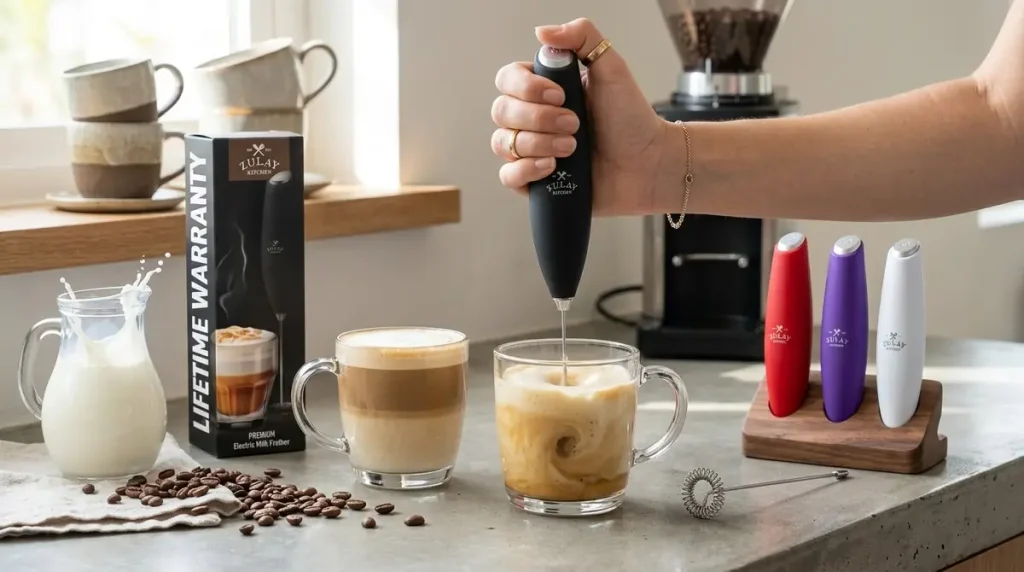 7 Coffee Bar Essentials Worth Buying for the Perfect Home Coffee Setup 3 Hand using black electric milk frother to make coffee with milk and coffee beans on counter