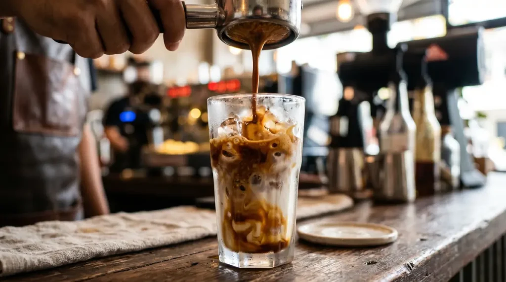 Dutch Bros Kicker Recipe: 5 Barista pouring espresso over a glass of iced milk on a wooden counter