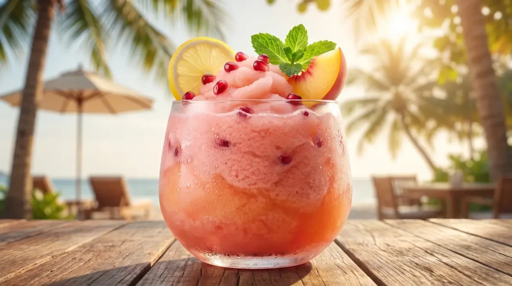 Palm Beach Lemonade Recipe (Dutch Bros Copycat) | Easy Peach & Pomegranate Drink 2 Glass of frozen pink lemonade with lemon slice, peach wedge, mint, and pomegranate seeds on wooden table