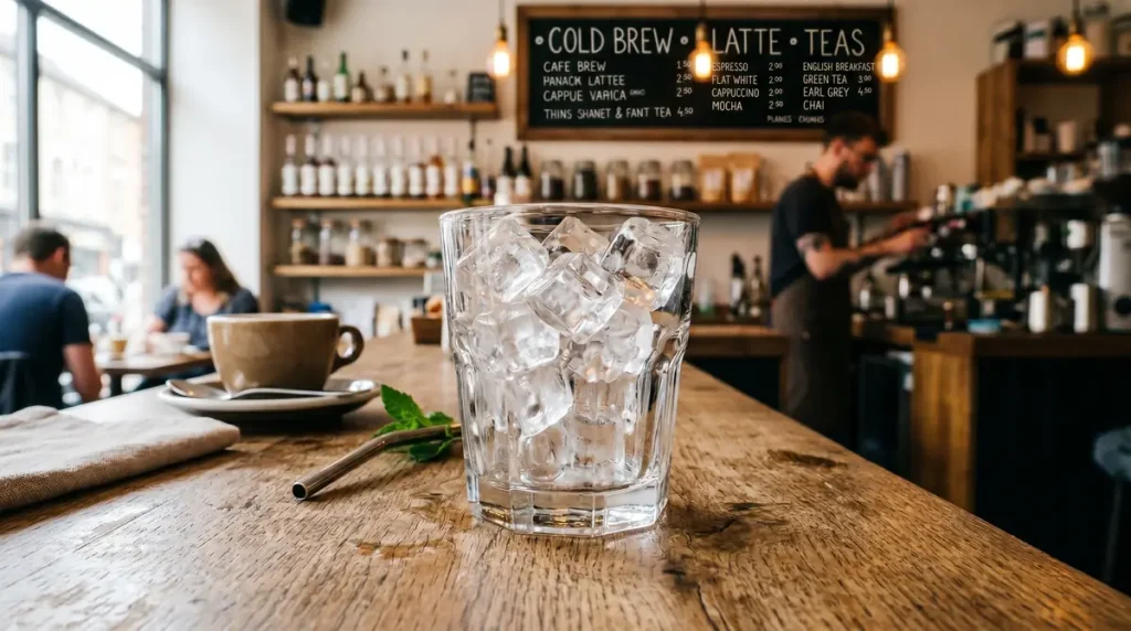 Dutch Bros Kicker Recipe: 3 Clear glass filled with ice cubes on a wooden table with café interior in background