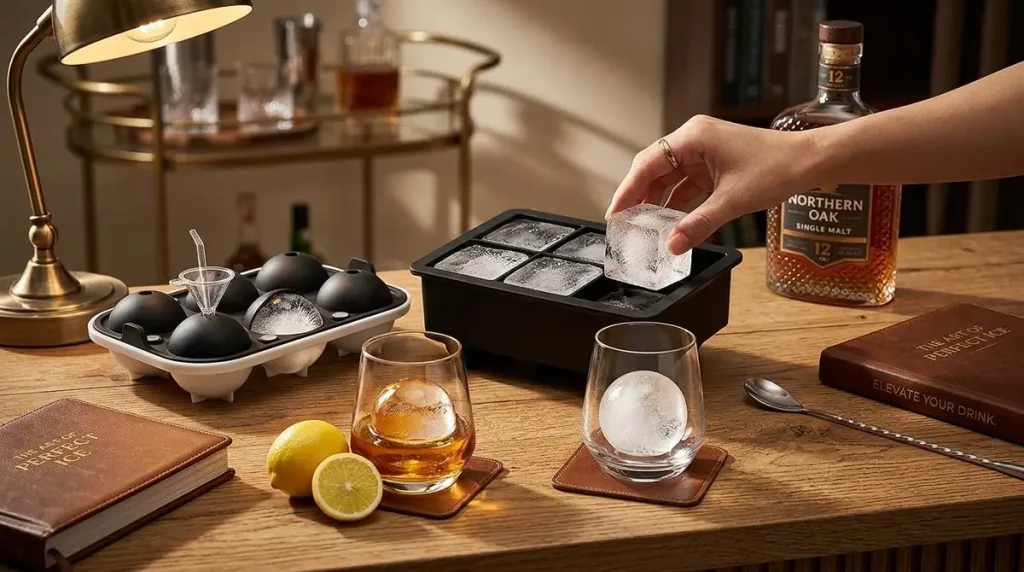 7 Coffee Bar Essentials Worth Buying for the Perfect Home Coffee Setup 6 Hand placing large ice cube into black silicone ice tray with whiskey glasses, lemons, and bar accessories on wooden table