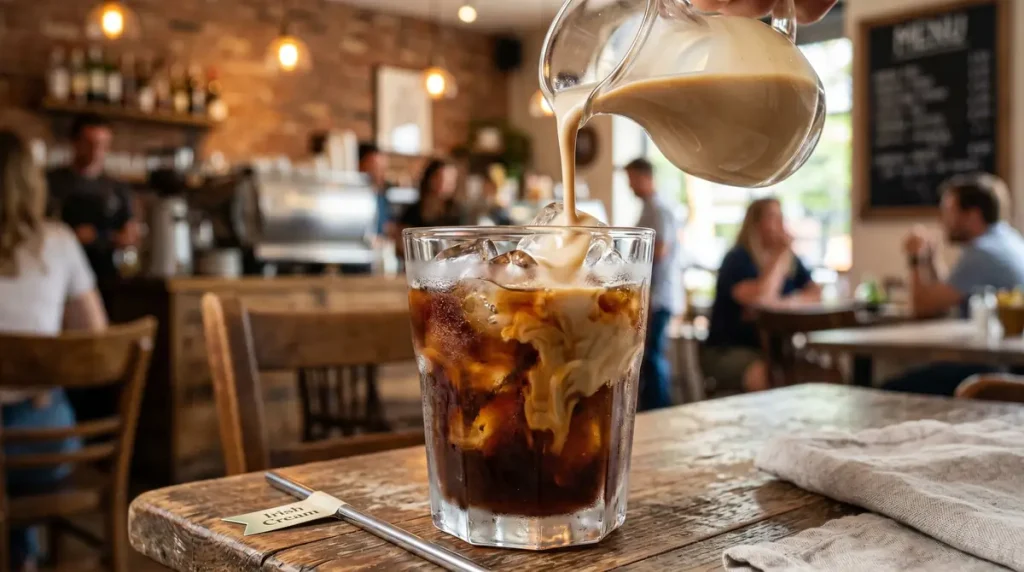 Dutch Bros Kicker Recipe: 4 Glass of iced coffee on a wooden table with cream being poured from a small pitcher