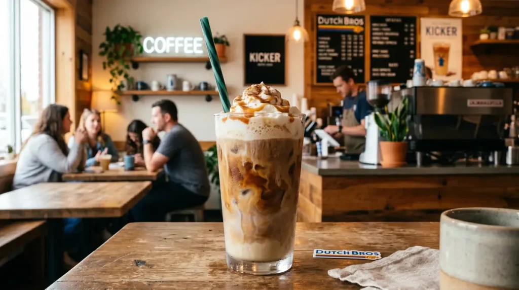 Dutch Bros Kicker Recipe: 8 Iced coffee topped with whipped cream and caramel drizzle on a wooden table inside a coffee shop