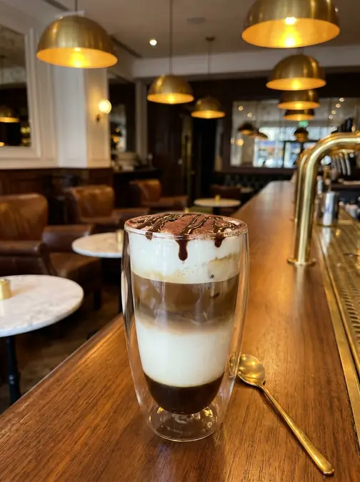 Creamy Tiramisu Latte Recipe (Hot or Iced Coffee Shop Style) 6 Layered tiramisu latte with cream and chocolate drizzle in clear glass on wooden bar counter