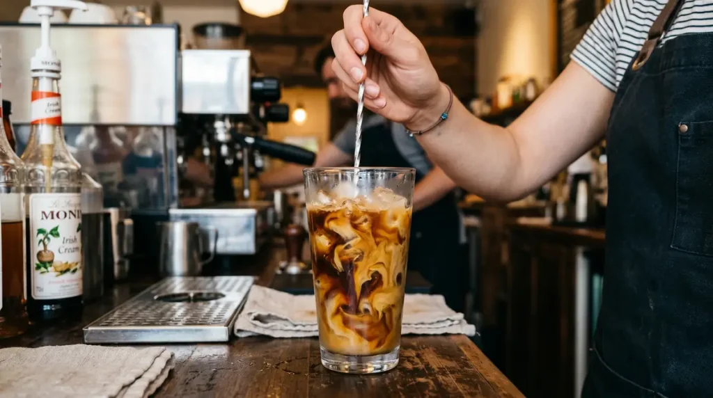 Dutch Bros Kicker Recipe: 6 Hand stirring iced coffee with a metal bar spoon in a glass on a wooden counter