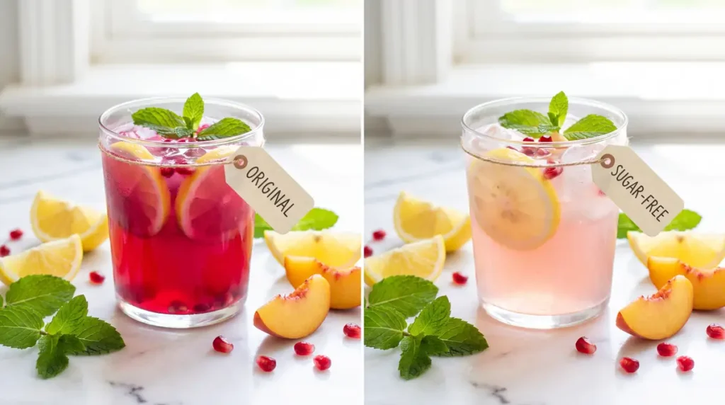 Palm Beach Lemonade Recipe (Dutch Bros Copycat) | Easy Peach & Pomegranate Drink 6 Two glasses of lemonade with lemon slices and mint leaves, labeled original and sugar-free
