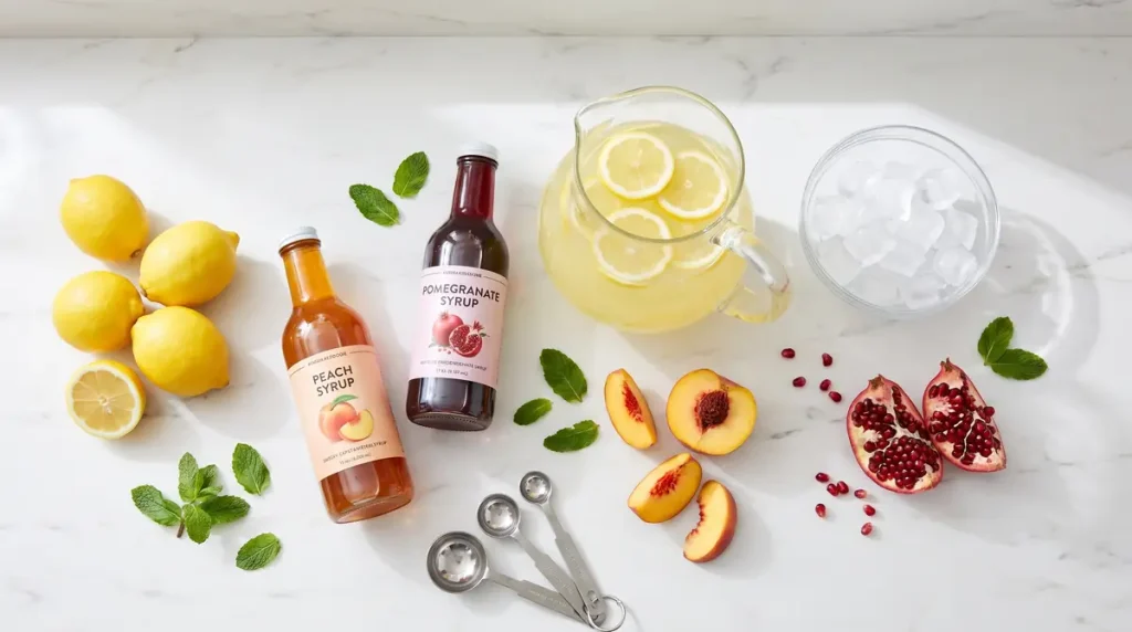 Palm Beach Lemonade Recipe (Dutch Bros Copycat) | Easy Peach & Pomegranate Drink 4 Top view of lemons, peach syrup, pomegranate syrup, mint leaves, sliced peaches, pomegranate seeds, ice, and lemon lemonade pitcher