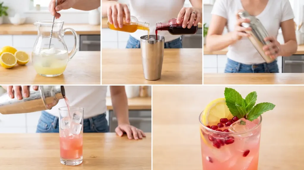 Palm Beach Lemonade Recipe (Dutch Bros Copycat) | Easy Peach & Pomegranate Drink 3 Step-by-step making Palm Beach Lemonade with fresh lemons, juice pouring, shaking, and serving