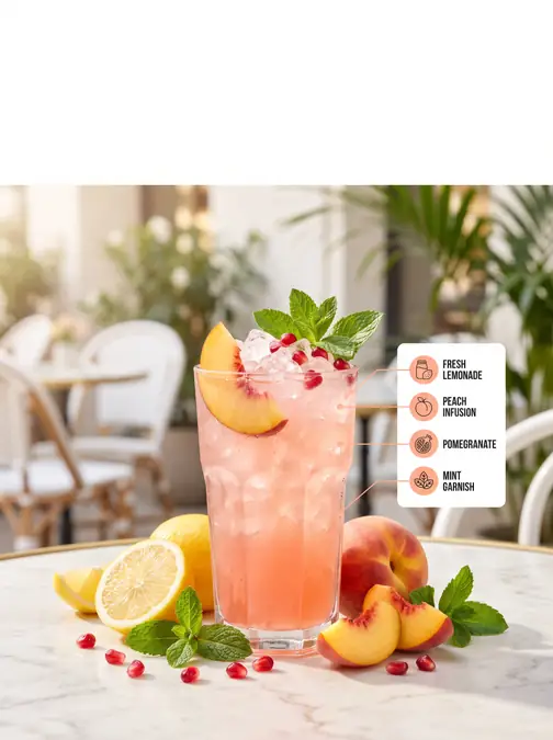 Palm Beach Lemonade Recipe (Dutch Bros Copycat) | Easy Peach & Pomegranate Drink 5 Glass of pink Palm Beach lemonade with peach slice, pomegranate seeds, and mint garnish on a table