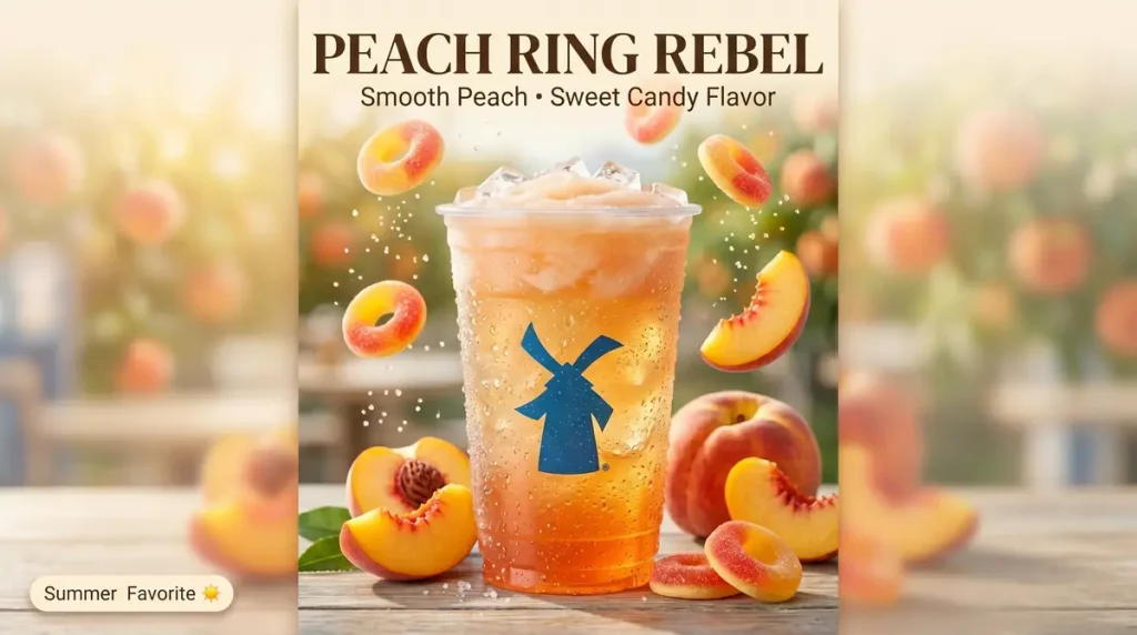 10 Refreshing Dutch Bros Rebel Drinks for Summer Hot Days 7 Iced Peach Ring Rebel drink with floating peach candy rings and fresh peach slices on a wooden table