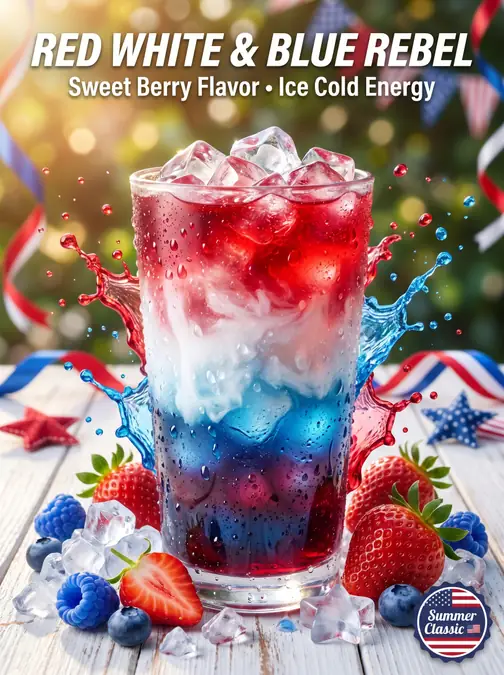 10 Refreshing Dutch Bros Rebel Drinks for Summer Hot Days 12 Red white and blue layered drink with ice and fresh berries around the glass