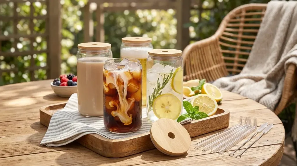 7 Coffee Bar Essentials Worth Buying for the Perfect Home Coffee Setup 4 Glass jars with iced coffee, milk tea, and lemon water on a wooden tray outdoors