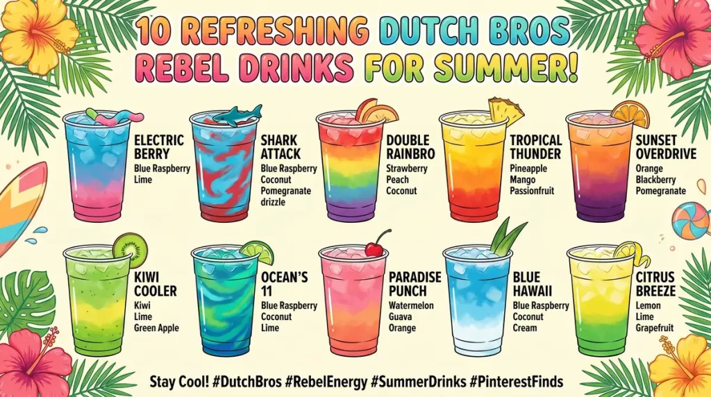 10 Refreshing Dutch Bros Rebel Drinks for Summer Hot Days 2 Illustration of 10 colorful summer drinks with fruit names and ingredients, decorated with tropical flowers and leaves