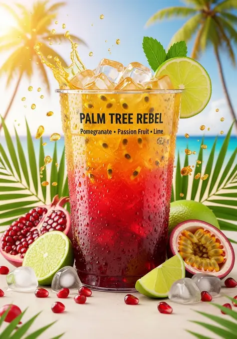 10 Refreshing Dutch Bros Rebel Drinks for Summer Hot Days 8 Cold summer drink with layers of red and orange, ice cubes, lime slice, and tropical background