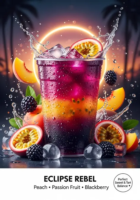 10 Refreshing Dutch Bros Rebel Drinks for Summer Hot Days 11 Layered summer drink with peach, passion fruit, blackberries, and ice cubes in a glass