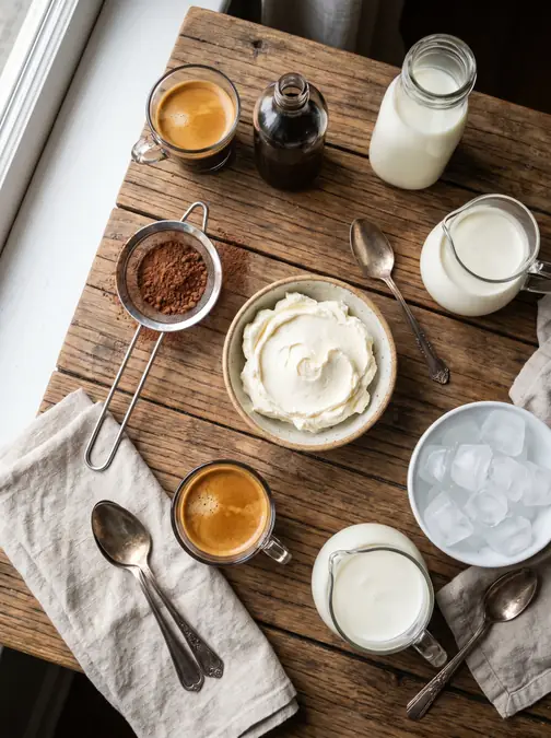 Creamy Tiramisu Latte Recipe (Hot or Iced Coffee Shop Style) 4 Two cups of espresso with cream, milk jars, cocoa powder and ice on a wooden table