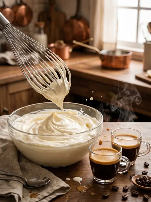 Creamy Tiramisu Latte Recipe (Hot or Iced Coffee Shop Style) 5 Whisk with whipped cream above a glass bowl and two cups of espresso on wooden table