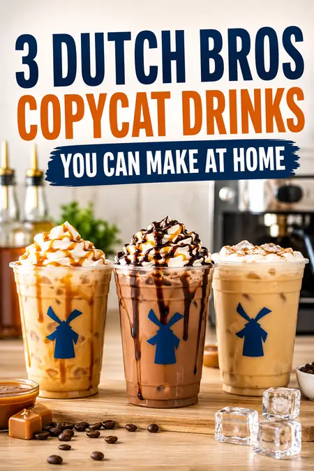 3 Dutch Bros Copycat Drinks You Can Make at Home 2 Three iced coffee drinks with whipped cream and drizzle in clear cups with a blue windmill logo