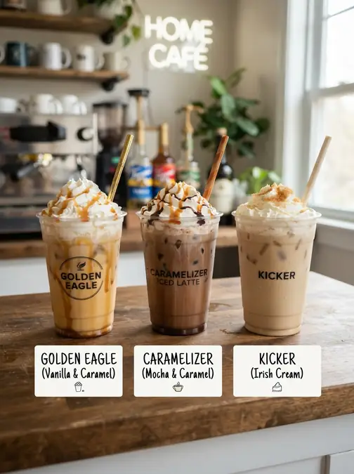 3 Dutch Bros Copycat Drinks You Can Make at Home 6 Three iced coffee drinks with whipped cream and caramel or chocolate drizzle in clear cups on a wooden table