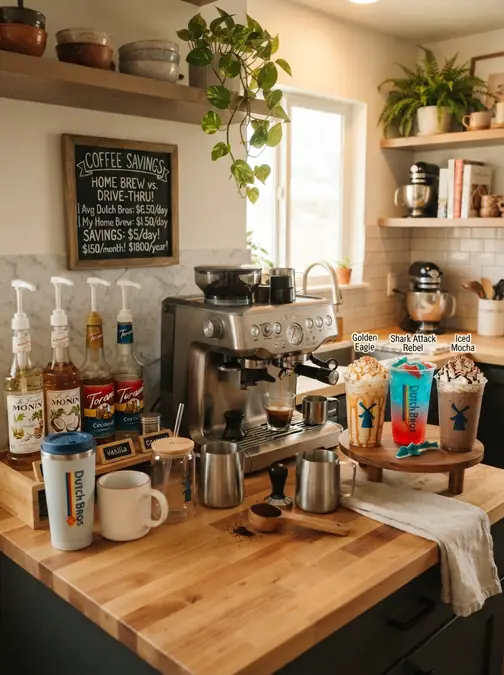 3 Dutch Bros Copycat Drinks You Can Make at Home 5 Coffee station with espresso machine, syrup bottles, coffee mugs, and three labeled colorful drinks on a wooden counter