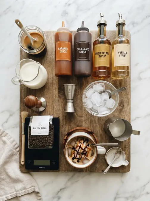 3 Dutch Bros Copycat Drinks You Can Make at Home 3 Various syrups, caramel and chocolate sauce, coffee beans, ice, milk, and coffee accessories on wooden board