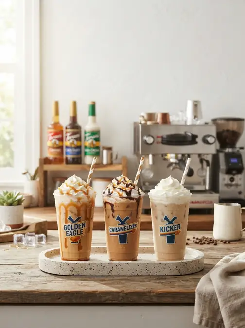 3 Dutch Bros Copycat Drinks You Can Make at Home 4 Three iced coffee drinks topped with whipped cream and caramel or chocolate drizzle on wooden tray