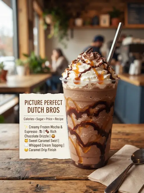 Dutch Bros Picture Perfect Freeze: Calories, Ingredients, Price & Recipe 2 chocolate caramel blended espres
