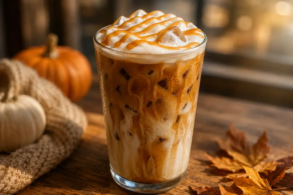 Dutch Bros-Style Iced Caramel Latte Recipe 3 Close-up iced caramel latte with creamy foam and caramel drizzle