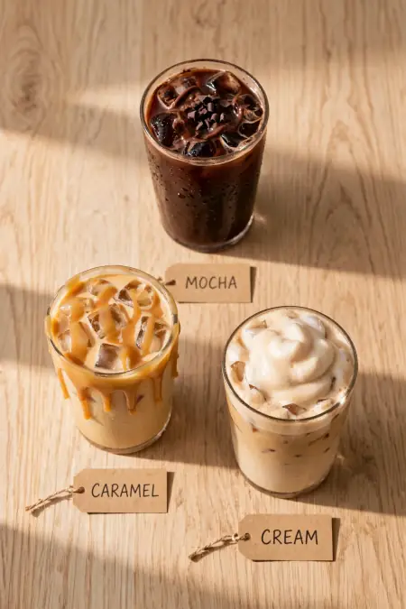 What Syrups Does Dutch Bros Use? (And What to Buy at Home) 3 iced coffee flatlay